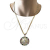 Oro Laminado Religious Pendant, Gold Filled Style Centenario Coin and Guadalupe Design, with Multicolor Cubic Zirconia, Polished, Golden Finish, 05.351.0094.1