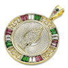 Oro Laminado Religious Pendant, Gold Filled Style Centenario Coin and Guadalupe Design, with Multicolor Cubic Zirconia, Polished, Golden Finish, 05.351.0094.1