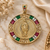 Oro Laminado Religious Pendant, Gold Filled Style Centenario Coin and Guadalupe Design, with Multicolor Cubic Zirconia, Polished, Golden Finish, 05.351.0094.1