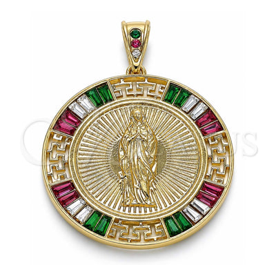 Oro Laminado Religious Pendant, Gold Filled Style Centenario Coin and Guadalupe Design, with Multicolor Cubic Zirconia, Polished, Golden Finish, 05.351.0094.1