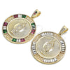 Oro Laminado Religious Pendant, Gold Filled Style Centenario Coin and Guadalupe Design, with Multicolor Cubic Zirconia, Polished, Golden Finish, 05.351.0094.1