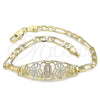 Oro Laminado Fancy Bracelet, Gold Filled Style Guadalupe and Heart Design, Polished, Tricolor, 03.351.0089.1.07 (04 MM Thickness, 7 Inches Length)
