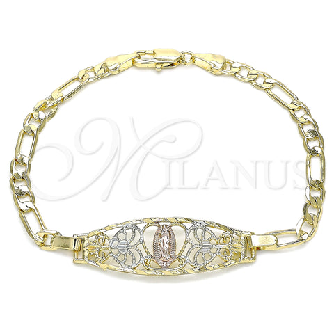 Oro Laminado Fancy Bracelet, Gold Filled Style Guadalupe and Heart Design, Polished, Tricolor, 03.351.0089.1.07 (04 MM Thickness, 7 Inches Length)