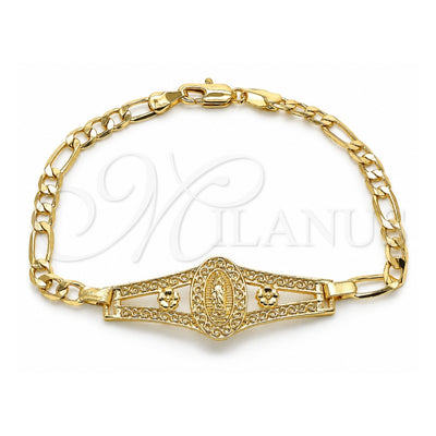 Oro Laminado Fancy Bracelet, Gold Filled Style Guadalupe and Flower Design, Polished, Golden Finish, 03.351.0090.08 (05 MM Thickness, 8 Inches Length)