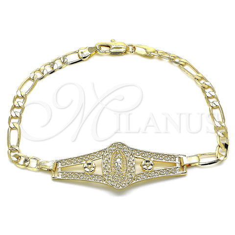 Oro Laminado Fancy Bracelet, Gold Filled Style Guadalupe and Flower Design, Polished, Golden Finish, 03.351.0090.08 (05 MM Thickness, 8 Inches Length)