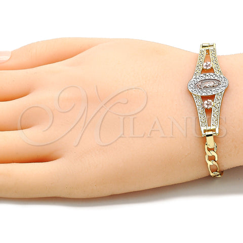 Oro Laminado Fancy Bracelet, Gold Filled Style Guadalupe and Flower Design, Polished, Tricolor, 03.351.0090.1.08 (05 MM Thickness, 8 Inches Length)
