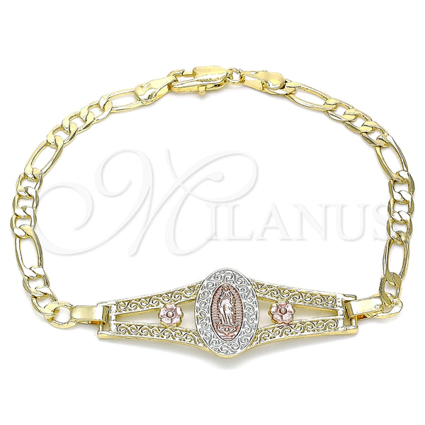 Oro Laminado Fancy Bracelet, Gold Filled Style Guadalupe and Flower Design, Polished, Tricolor, 03.351.0090.1.08 (05 MM Thickness, 8 Inches Length)