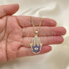 Oro Laminado Pendant Necklace, Gold Filled Style Hand of God and Star of David Design, with Sapphire Blue and White Micro Pave, Polished, Golden Finish, 04.156.0210.20 (02 MM Thickness, 20 Inches Length)