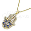 Oro Laminado Pendant Necklace, Gold Filled Style Hand of God and Star of David Design, with Sapphire Blue and White Micro Pave, Polished, Golden Finish, 04.156.0210.20 (02 MM Thickness, 20 Inches Length)