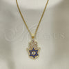 Oro Laminado Pendant Necklace, Gold Filled Style Hand of God and Star of David Design, with Sapphire Blue and White Micro Pave, Polished, Golden Finish, 04.156.0210.20 (02 MM Thickness, 20 Inches Length)