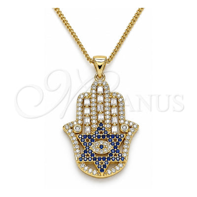 Oro Laminado Pendant Necklace, Gold Filled Style Hand of God and Star of David Design, with Sapphire Blue and White Micro Pave, Polished, Golden Finish, 04.156.0210.20 (02 MM Thickness, 20 Inches Length)