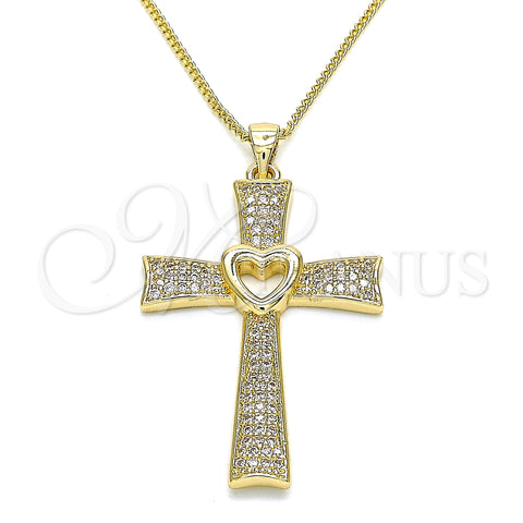Oro Laminado Pendant Necklace, Gold Filled Style Cross and Heart Design, with White Micro Pave, Polished, Golden Finish, 04.156.0225.18 (02 MM Thickness, 18 Inches Length)