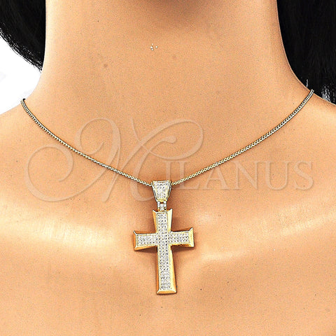 Oro Laminado Pendant Necklace, Gold Filled Style Cross Design, with White Micro Pave, Polished, Golden Finish, 04.156.0228.18 (02 MM Thickness, 18 Inches Length)