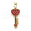 Oro Laminado Fancy Pendant, Gold Filled Style key and Love Design, with Garnet Crystal, Polished, Golden Finish, 05.351.0096.1