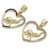Oro Laminado Fancy Pendant, Gold Filled Style Heart and Elephant Design, with White Crystal, Polished, Golden Finish, 05.351.0098
