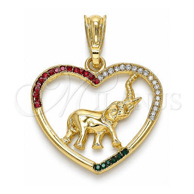 Oro Laminado Fancy Pendant, Gold Filled Style Heart and Elephant Design, with Multicolor Crystal, Polished, Golden Finish, 05.351.0098.1