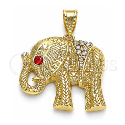 Oro Laminado Fancy Pendant, Gold Filled Style Elephant Design, with White and Garnet Crystal, Polished, Golden Finish, 05.351.0103