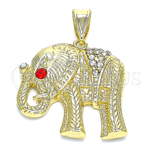 Oro Laminado Fancy Pendant, Gold Filled Style Elephant Design, with White and Garnet Crystal, Polished, Golden Finish, 05.351.0103