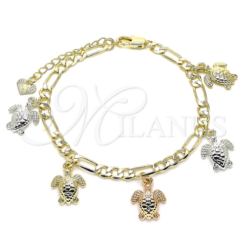 Oro Laminado Charm Bracelet, Gold Filled Style Turtle Design, Polished, Tricolor, 03.351.0094.07 (05 MM Thickness, 7 Inches Length)