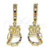 Oro Laminado Huggie Hoop, Gold Filled Style Owl Design, with Multicolor Micro Pave, Polished, Golden Finish, 02.377.0002.15