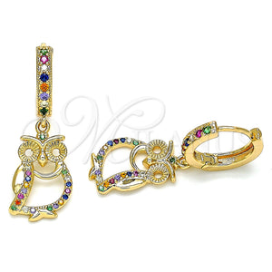 Gold Filled Hoop Earrings — Huggie Hoop Owl Design with Multicolor Micro Pave — main product view — SKU 133222 | Oro Laminado aretes de aro — Huggie Hoop Owl diseño with Multicolor Micro Pave — SKU 133222