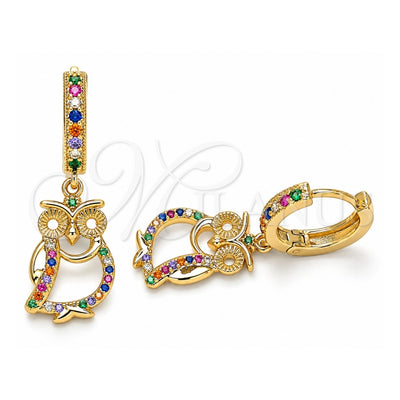 Oro Laminado Huggie Hoop, Gold Filled Style Owl Design, with Multicolor Micro Pave, Polished, Golden Finish, 02.377.0002.15