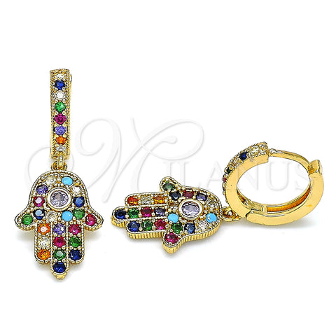 Oro Laminado Huggie Hoop, Gold Filled Style Hand of God Design, with Multicolor Micro Pave, Polished, Golden Finish, 02.377.0004.15