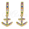 Oro Laminado Huggie Hoop, Gold Filled Style Anchor Design, with Multicolor Micro Pave, Polished, Golden Finish, 02.377.0009.15