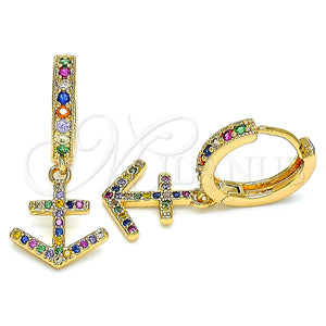Gold Filled Hoop Earrings — Huggie Hoop Anchor Design with Multicolor Micro Pave — main product view — SKU 133229 | Oro Laminado aretes de aro — Huggie Hoop Anchor diseño with Multicolor Micro Pave — SKU 133229
