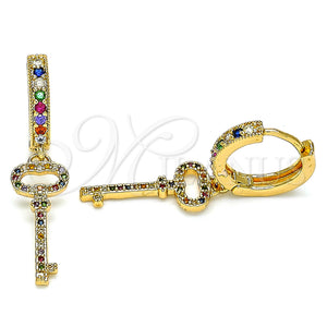 Gold Filled Hoop Earrings — Huggie Hoop key Design with Multicolor Micro Pave — main product view — SKU 133230 | Oro Laminado aretes de aro — Huggie Hoop key diseño with Multicolor Micro Pave — SKU 133230