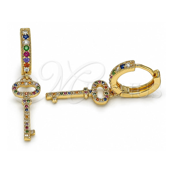 Oro Laminado Huggie Hoop, Gold Filled Style key Design, with Multicolor Micro Pave, Polished, Golden Finish, 02.377.0010.15