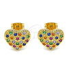 Oro Laminado Stud Earring, Gold Filled Style Heart Design, with Multicolor Cubic Zirconia, Polished, Golden Finish, 02.377.0022