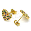 Oro Laminado Stud Earring, Gold Filled Style Heart Design, with Multicolor Cubic Zirconia, Polished, Golden Finish, 02.377.0022
