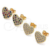 Oro Laminado Stud Earring, Gold Filled Style Heart Design, with Multicolor Cubic Zirconia, Polished, Golden Finish, 02.377.0022