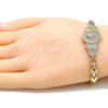 Oro Laminado Fancy Bracelet, Gold Filled Style Guadalupe and Leaf Design, Polished, Tricolor, 03.253.0051.07 (11 MM Thickness, 11 Inches Length)