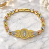 Oro Laminado Fancy Bracelet, Gold Filled Style Guadalupe and Leaf Design, Polished, Tricolor, 03.253.0051.07 (11 MM Thickness, 11 Inches Length)