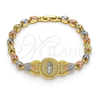 Oro Laminado Fancy Bracelet, Gold Filled Style Guadalupe and Leaf Design, Polished, Tricolor, 03.253.0051.07 (11 MM Thickness, 11 Inches Length)