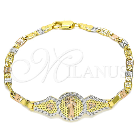 Oro Laminado Fancy Bracelet, Gold Filled Style San Benito and Heart Design, Polished, Tricolor, 03.253.0052.08 (04 MM Thickness, 8 Inches Length)