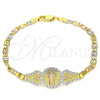 Oro Laminado Fancy Bracelet, Gold Filled Style San Benito and Heart Design, Polished, Tricolor, 03.253.0052.08 (04 MM Thickness, 8 Inches Length)