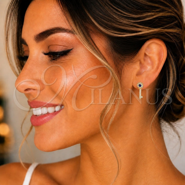 Oro Laminado Stud Earring, Gold Filled Style key Design, with Sapphire Blue and White Micro Pave, Polished, Golden Finish, 02.344.0053