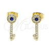 Oro Laminado Stud Earring, Gold Filled Style key Design, with Sapphire Blue and White Micro Pave, Polished, Golden Finish, 02.344.0053