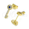 Oro Laminado Stud Earring, Gold Filled Style key Design, with Sapphire Blue and White Micro Pave, Polished, Golden Finish, 02.344.0053