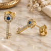 Oro Laminado Stud Earring, Gold Filled Style key Design, with Sapphire Blue and White Micro Pave, Polished, Golden Finish, 02.344.0053