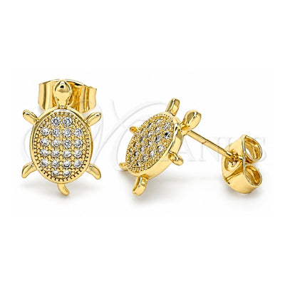 Oro Laminado Stud Earring, Gold Filled Style Turtle Design, with White Micro Pave, Polished, Golden Finish, 02.344.0054