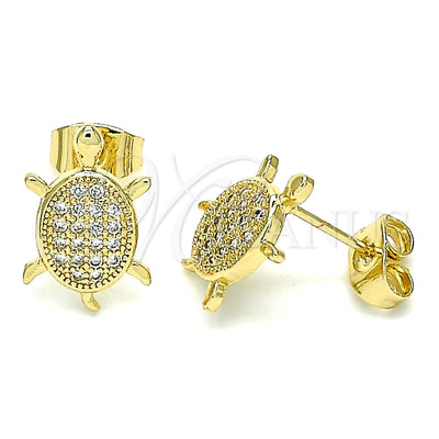 Oro Laminado Stud Earring, Gold Filled Style Turtle Design, with White Micro Pave, Polished, Golden Finish for wholesale, main product view