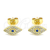 Oro Laminado Stud Earring, Gold Filled Style Evil Eye Design, with Sapphire Blue and White Micro Pave, Polished, Golden Finish, 02.344.0056