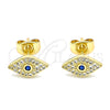 Oro Laminado Stud Earring, Gold Filled Style Evil Eye Design, with Sapphire Blue and White Micro Pave, Polished, Golden Finish, 02.344.0056