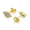 Oro Laminado Stud Earring, Gold Filled Style Evil Eye Design, with Sapphire Blue and White Micro Pave, Polished, Golden Finish, 02.344.0056