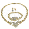 Oro Laminado Necklace, Bracelet and Earring, Gold Filled Style Heart and Hugs and Kisses Design, with White Crystal, Polished, Golden Finish, 06.372.0011