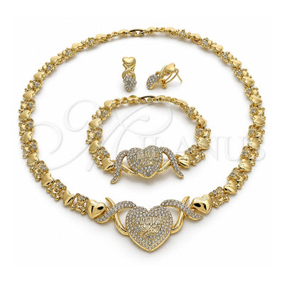 Oro Laminado Necklace, Bracelet and Earring, Gold Filled Style Heart and Hugs and Kisses Design, with White Crystal, Polished, Golden Finish, 06.372.0011